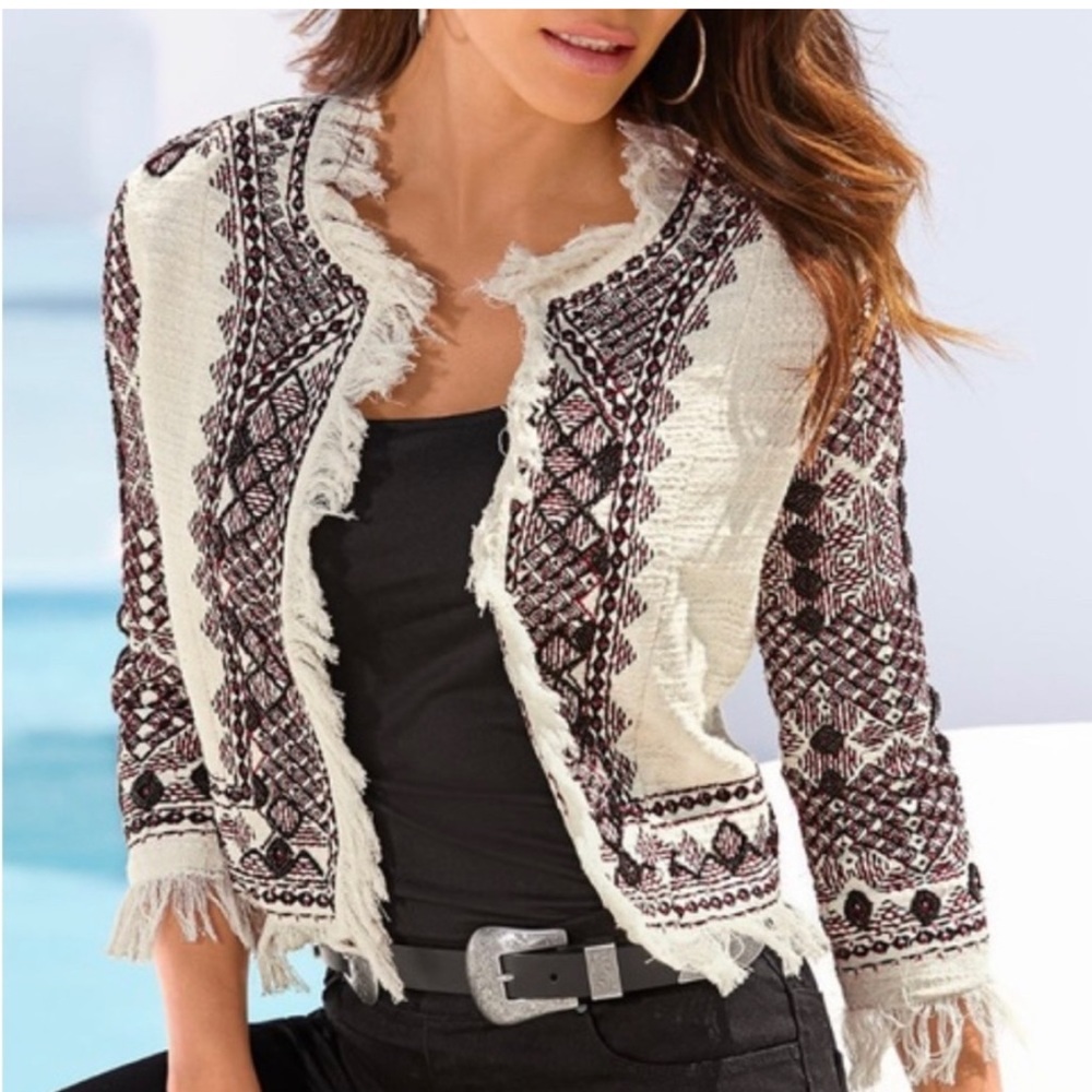 Boston Proper Beaded Fringe Open Front Aztec Blazer Jacket Size 16 Earthy Boho